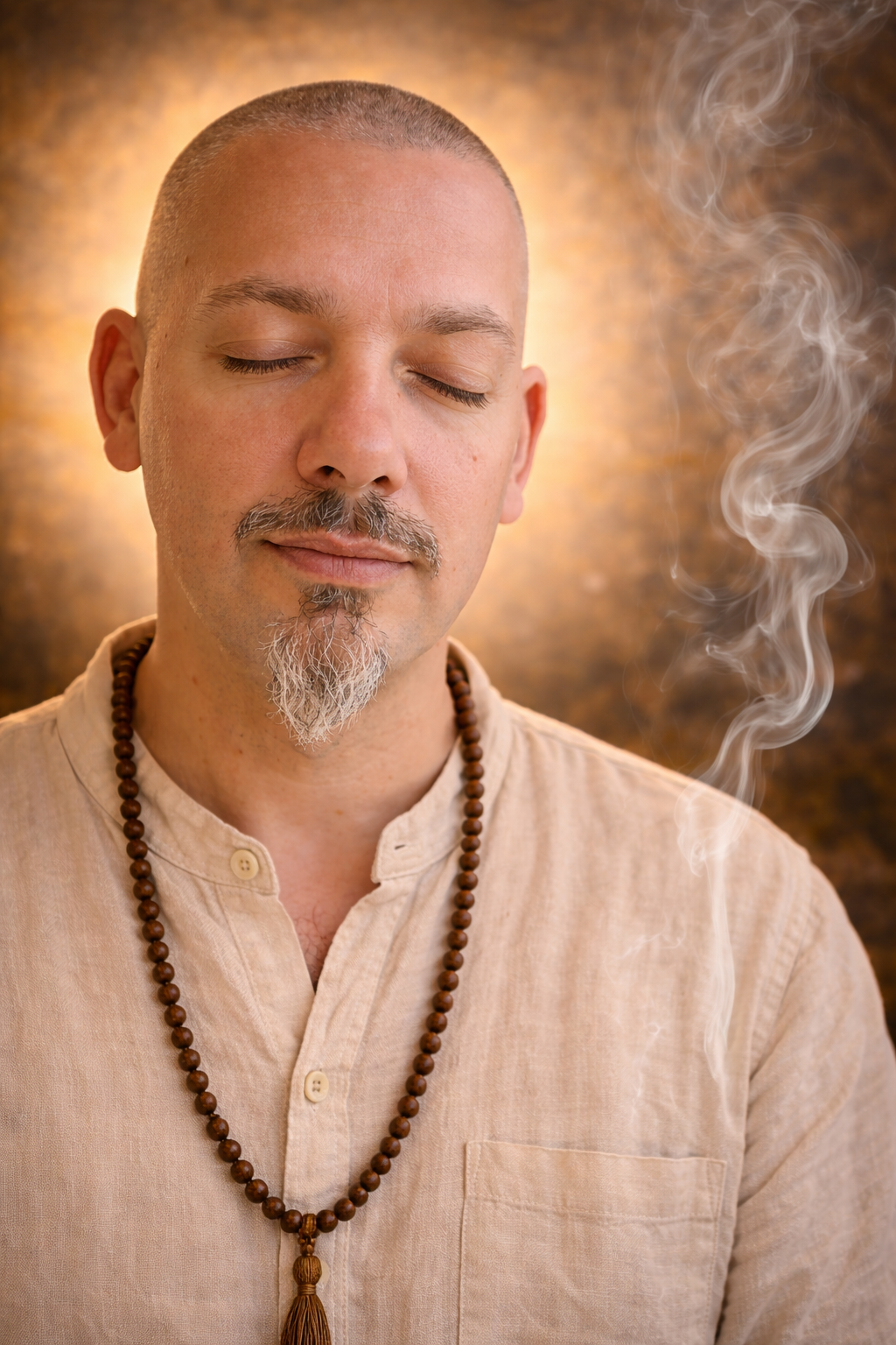 Andin Randobrava, meditative portrait with closed eyes, warm golden backlighting and soft incense smoke
