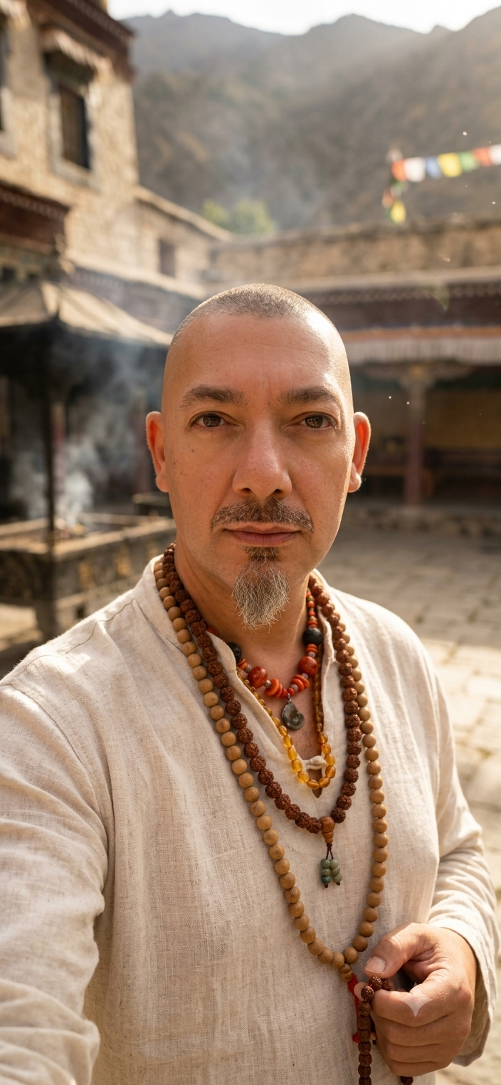 Andin Randobrava at a traditional monastery courtyard, reflecting his international training journey