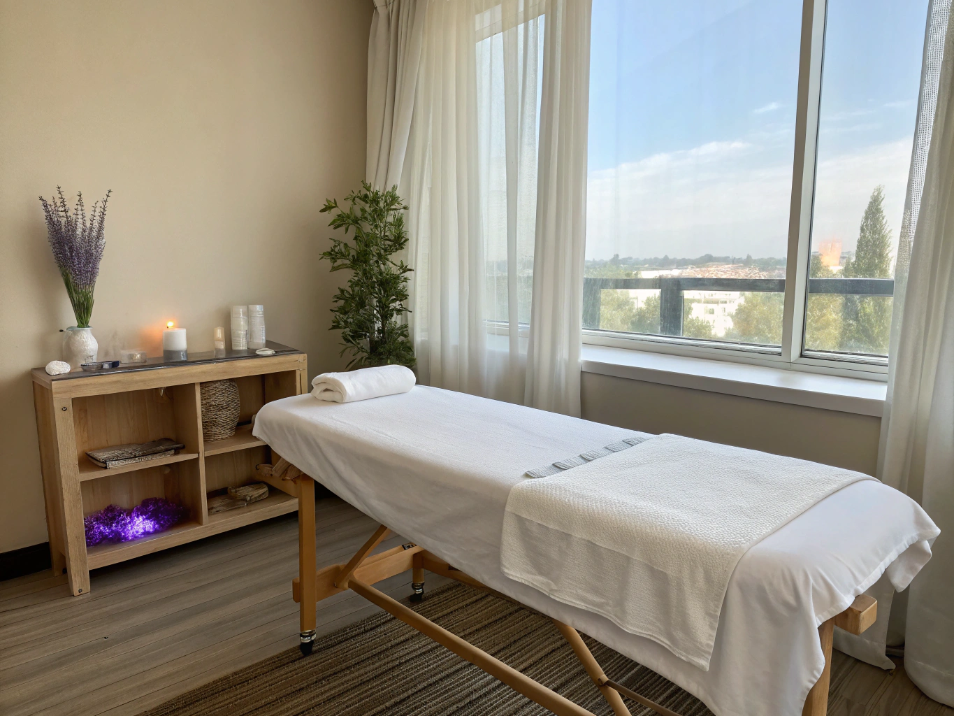 Peaceful healing sanctuary interior with soft natural light and holistic elements